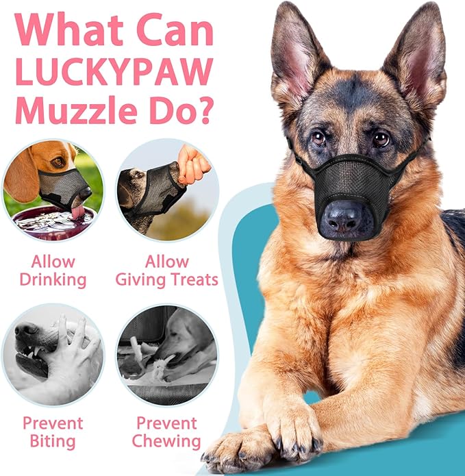 LUCKYPAW Dog Muzzle, Mesh Muzzle for Large Medium Small Dogs, Soft Mouth Guard for Biting Chewing, Breathable Mouth Guard with Adjustable Strap for Training(Black, L(Snout:9.75"-11"))