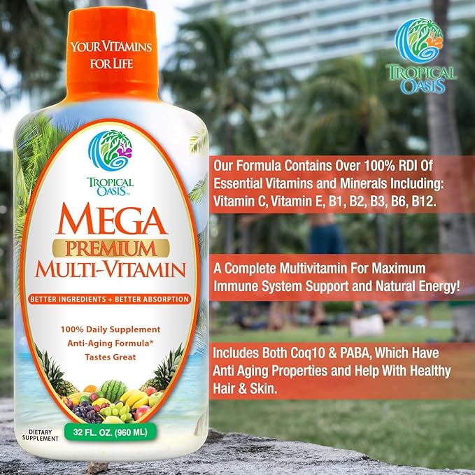 Mega Premium Liquid Multivitamin | Natural Immune Support Vitamin w/ 1333% Vitamin C, 200% D3, Zinc + 20 Vitamins, 70 Minerals, & 21 Amino Acids | Sugar Free | Orange Flavor | 98% Absorption | 32 Serv