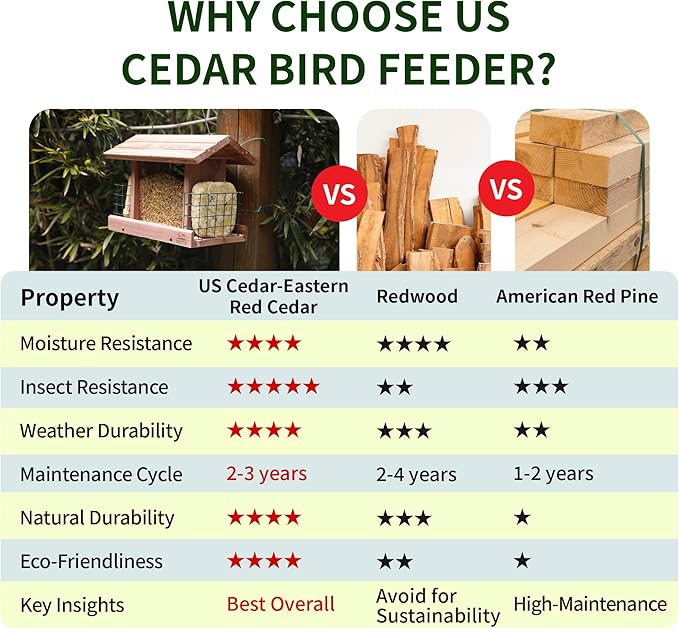 Solution4Patio US Cedar Hopper Bird Feeder for Outdoors Hanging, Handcrafted Wood Double Suet Cage & Clear View Windows, Squirrel-Proof Wild Bird Feeder for Cardinals, Finches, Chickadees