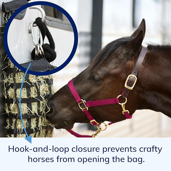 SmartEquine Slow Feed Hay Bag for Horses | Hay Feeder Net with Resistant Nylon | Gator Mouth Enclosure for Easy Loading | Fits 10-15 lbs of Hay | 4 Flakes Bag | 37" x 30" | Black | 2" Holes