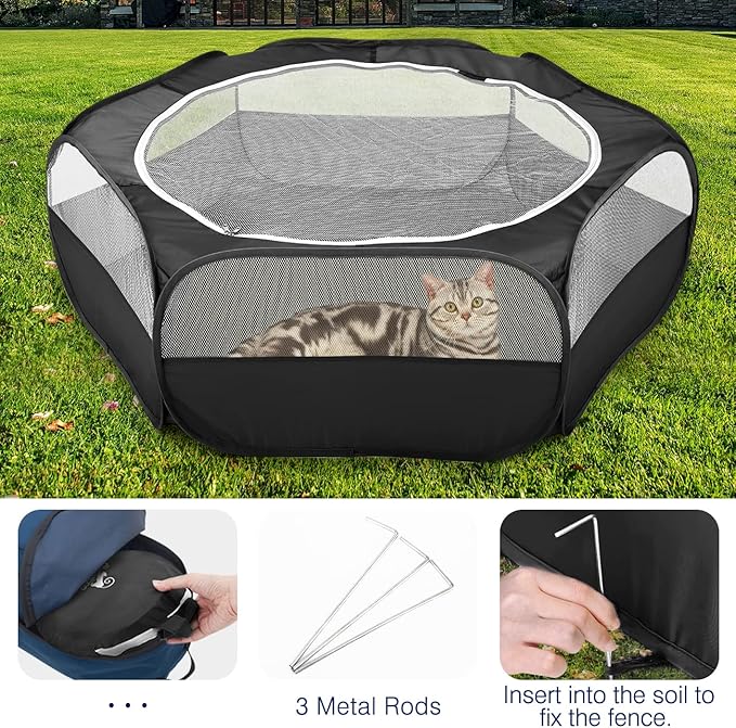 Pawaboo Small Animals Playpen, Waterproof Small Pet Cage Tent with Zippered Cover, Portable Outdoor Yard Fence with 3 Metal Rod for Kitten/Puppy/Guinea Pig/Rabbits/Hamster/Chinchillas, Black