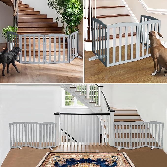 ZJSF Foldable Freestanding Indoor Dog Gate for House Wood Long Pet Gates Dog Fence for Stairs Puppy Gates for Hallways, Puppy Gate,Support Feet Included, Grey, 32 "Height-6 Panels