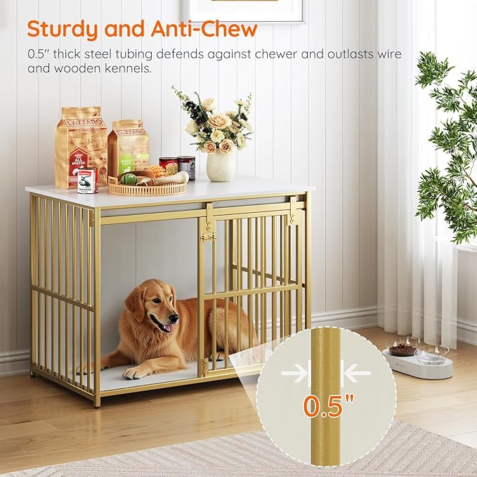 HOOBRO Dog Crate Furniture, 36.6" Heavy Duty Dog Kennel with Sliding Barn Door, Wooden Dog Cage Indoor, Decorative Side End Table for Small/Medium Dogs, White and Gold GD162GW03G1