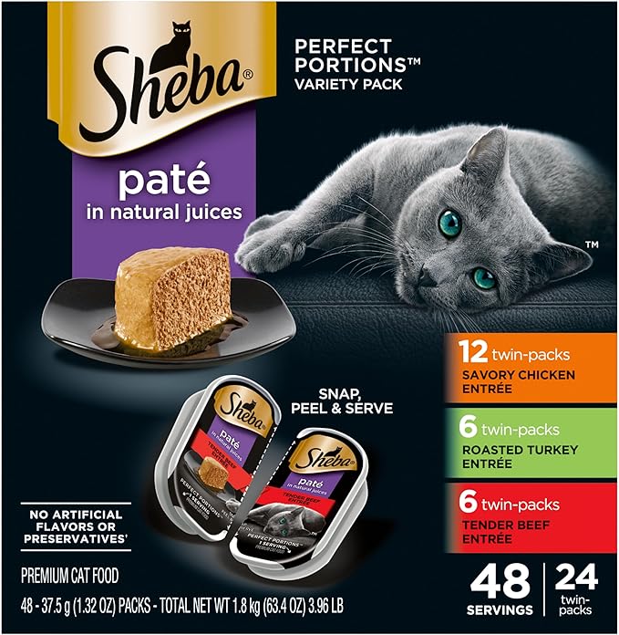 Sheba Perfect Portions Wet Cat Food Pate Savory Chicken Entree, Roasted Turkey Entree, and Tender Beef Entree Variety Pack, 2.6 oz. Twin Pack Trays (24 Count, 48 Servings)