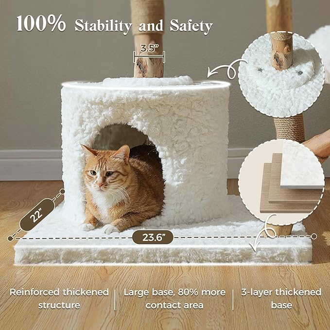 59" Modern Cat Tree Tower for Large Cats w/2 Flower Perches-Natural Solid Wood Scratching Post with Real Branch-Luxury Boho Cat Furniture w/Condo & Wicker Basket Bed, Cloud White