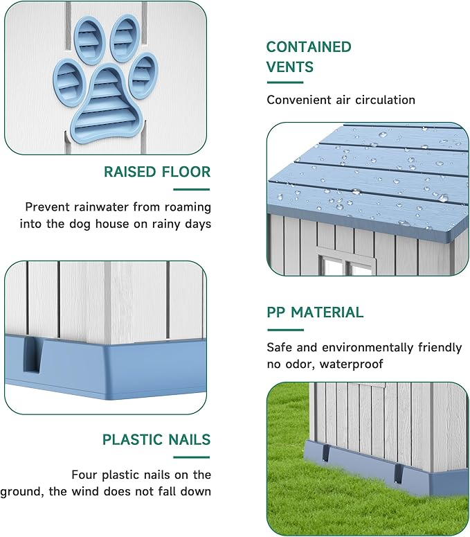 Vixzen 32in Large Outdoor Dog House,Durable Water Resistant Resin Dog House,Doghouse for Small to Large Dogs Indoor or Outside,with Air Vent and Elevated Floor,Blue