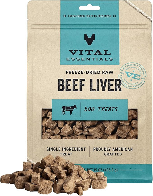 Vital Essentials Beef Liver Dog Treats, 15 oz | Freeze-Dried Raw | Single Ingredient | Premium Quality High Protein Training Treats | Grain Free, Gluten Free, Filler Free