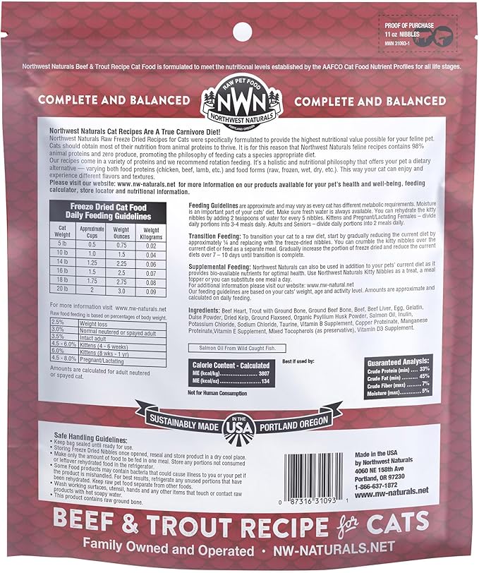 Northwest Naturals Freeze-Dried Beef & Trout Cat & Kitten Food, Bite-Sized Nibbles, Healthy, Limited, Human-Grade Ingredients, All-Natural, High-Protein Raw Diet, Complete & Balanced, Grain-Free 11 oz