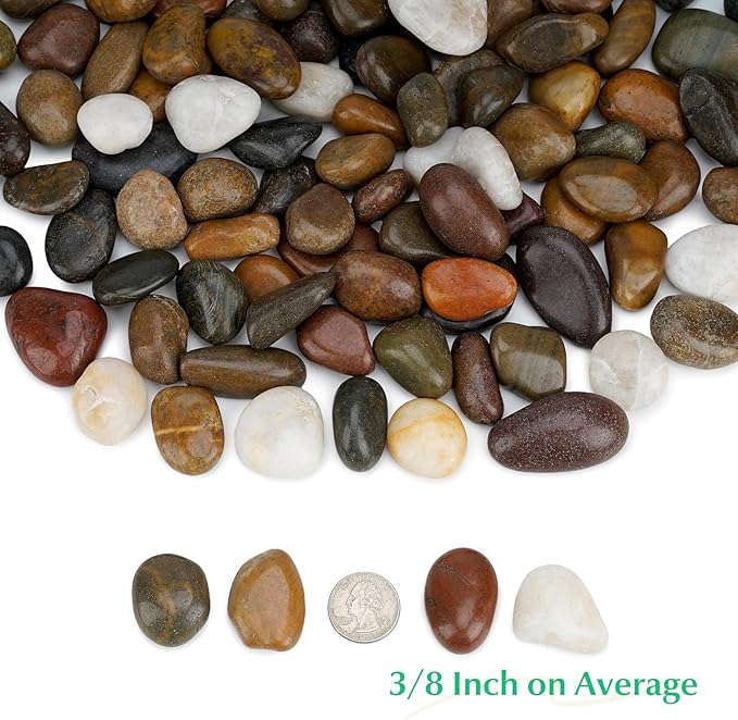 Mr. Fireglass Polished Pebbles, 3/8" Natural Decorative Mixed Color Stones Aquarium Gravel River Rocks for Potted Plants, Landscaping and Home Decor (10-lb Bag)
