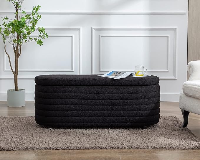 Storage Ottoman Bench Upholstered Fabric Storage Bench End of Bed Stool with Safety Hinge for Bedroom, Living Room, Entryway (45.5-inch, Black)