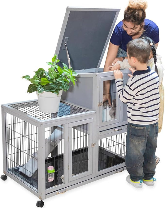 Rabbit Hutch Indoor Outdoor Bunny Cage 39" L Large 2-Story Wooden Small Animal House Enclosure with Wheels, 2 Removable Trays, Waterproof Openable Roof, Grey