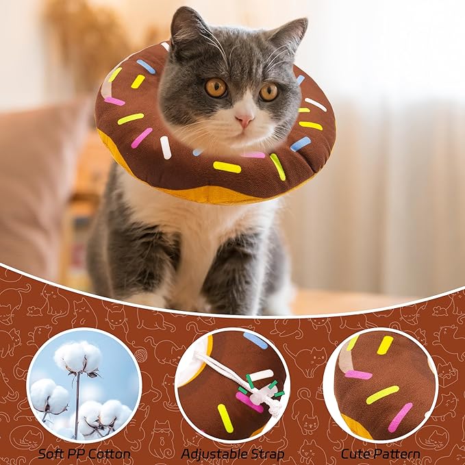Cat Cone Collar Soft, Adjustable Cat Recovery Collars Spay Cone to Stop Licking, Cute Donut E Collar After Surgery, Wound Healing Elizabethan Collar for Kittens (Donut Brown, Small)