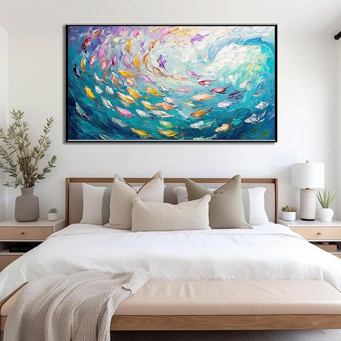 Fish Canvas Wall Art, Abstract School of Fish Canvas Wall Art, Ocean Picture Print, Sea Life Print Decor, Nautical Painting, Living Room, Bedroom, Bathroom Decor (Gold Framed, 23"x13" | 60x35cm)