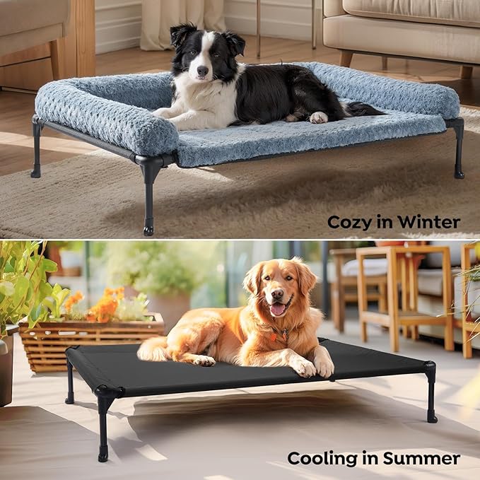 Veehoo Cooling Elevated Dog Bed Add Removable Deluxe Rose Plush Bolster Cushion Mat, 41" x 27" Washable Dog Couch Bed, Raised Pet Cot with Breathable Teslin Mesh, No-Slip Feet, Haze Blue, CWC2439B