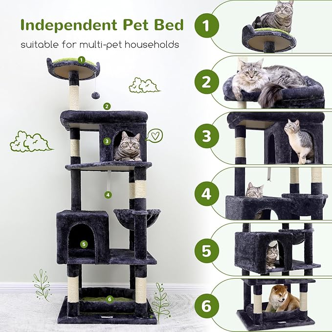 Globlazer Heavy Duty Cat Trees for Large Cats, Sturdy 72in Maine Coon Cat Tree for Large Cats 20 lbs+ Heavy Duty Cat Tower for Adult Biggest Cat with 6 Scratching Posts, Hammock, S72, Dark Gray