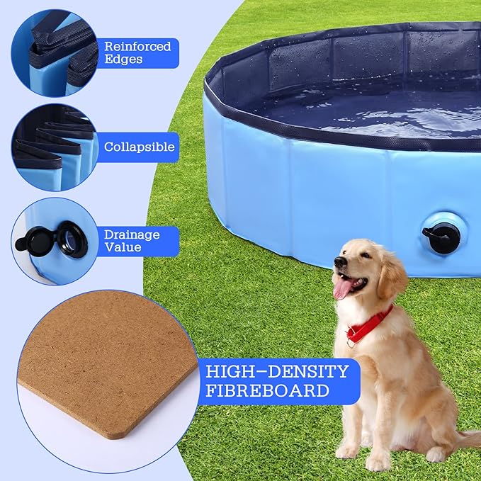 Foldable Dog Bath Swimming Pool Plastic Kiddie Pool Professional Tub Collapsible Grooming Bathtub for Pets Kids Baby and Toddler, 32 x 8 Inches Blue