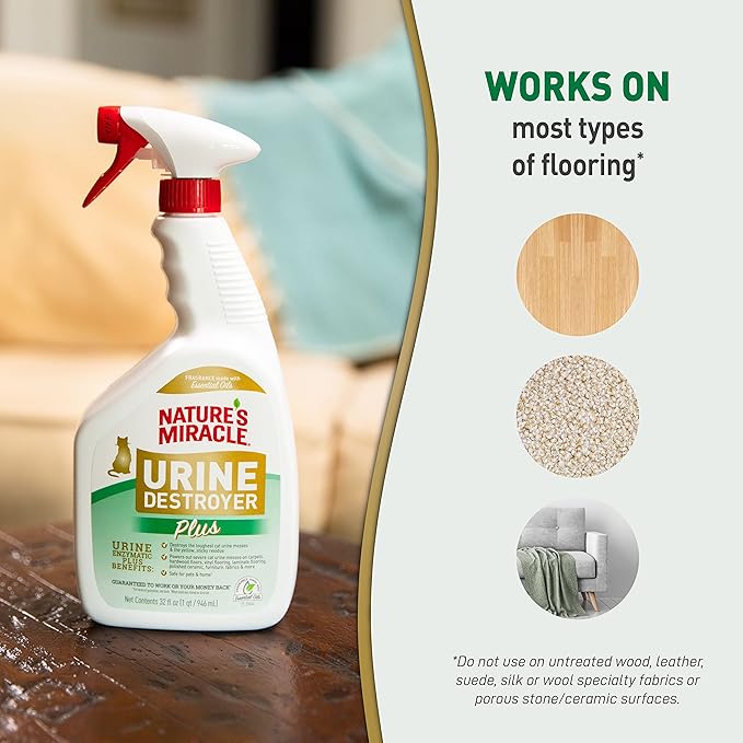 Nature’s Miracle Urine Destroyer Plus Cat, 32 Ounces, Enzymatic Formula, Ready-to-Use
