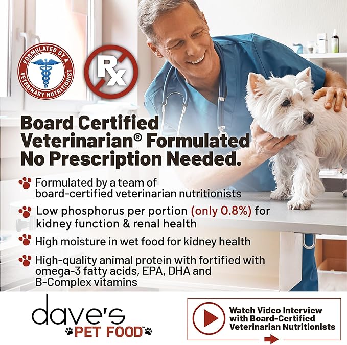 Dave's Pet Food Kidney Support Dog Food (Tuna Pate), Non-Prescription, Low Phosphorus, Low Sodium, Wet Canned, Renal Kidney Care, Vet Formulated, 5.5 oz (24 Pack)
