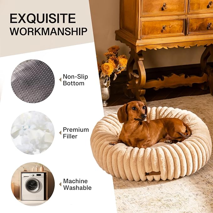 MEWOOFUN Cat Bed, Washable Beds for Indoor Cats, Cute Donut Bed Fluffy Pet Bed with Non-Slip Bottom, Calming Round Bed for Puppy and Kitten (Light Brown)