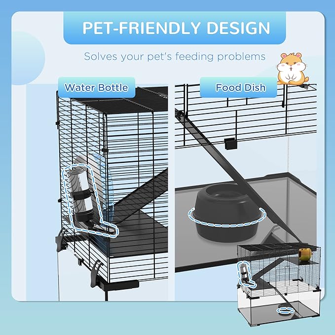PawHut Large Hamster Cage with Deep Tempered Glass Bottom, 3 Tiers Hamster Tank with Running Wheel, Hut, Water Bottle, Dish, Rat Cage for Syrian, Dwarf, Gerbils, Mouse, 23.5" x 16" x 22.5", Black
