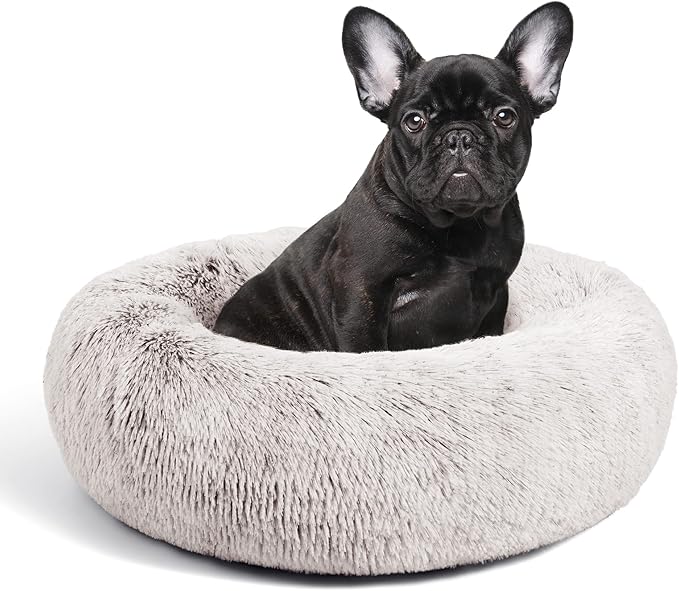 Love's cabin Calming Cat Bed for Indoor Cats,Anti-Anxiety Donut Round Dog Bed,Fluffy Faux Fur Washable Pet Bed for Small Medium Dogs and Cats,Coffee,24in