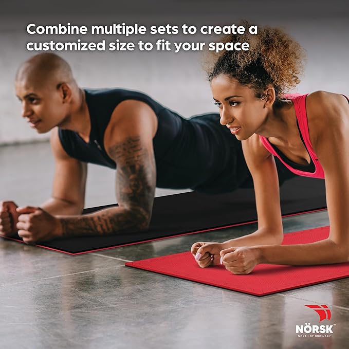 Norsk Reversible Gym Exercise Mats 3/4" Thick EVA Interlocking Foam Tiles, Perfect Gym Flooring for Home Gym, 12 24"x24" Tiles & 24 Trim Pieces, 48 Sq. Ft. Reversible, Red/Black