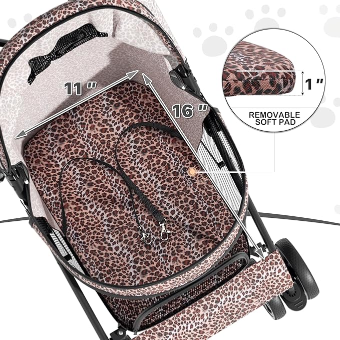 MoNiBloom 4 Wheels Pet Stroller, Easy-Fold Umbrella Shaped Dog Cat Jogger Stroller w/Storage Bag & Visible Mesh for Small/Medium Dogs Cats Leopard Print