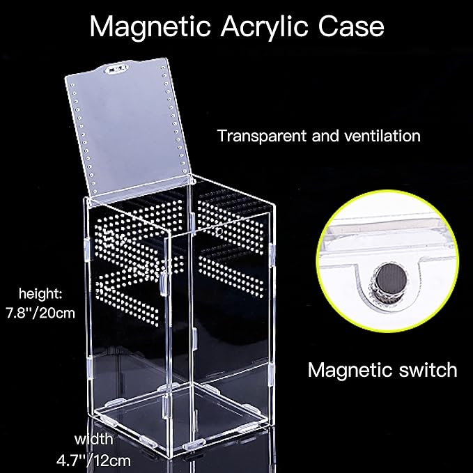 Magnetic Acrylic Case, micro habitat small Tarantula Enclosure enclosure for arboreal Tarantula Scorpion Sling Lizards Mantis Snake Gecko jumping spider snail Insect Isopods (4.7*4.7*7.8 inch)