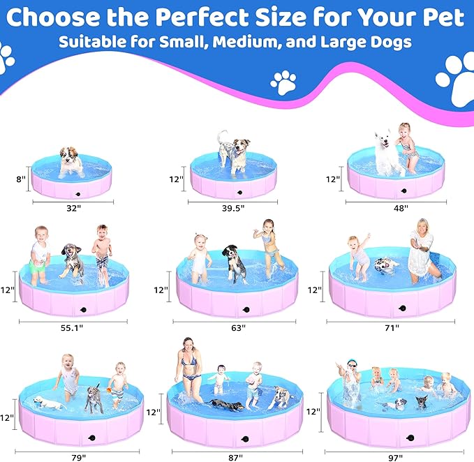 2025 Updated Foldable Dog Pool, 87" x 12" Kiddie Pool with Hard Plastic, Non-Slip Dog Bath Tub for Outdoor Backyard, Collapsible Dog Swimming Pool for Kids Dogs Pets (Pink)