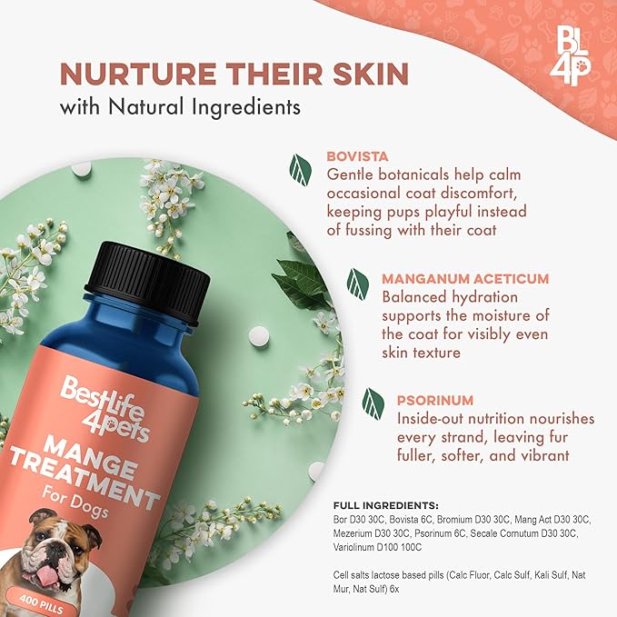 Mange Treatment for Dogs, Natural Dog Itching Skin Relief for Demodectic & Puppy Mange, Mites, Canine Scabies, Helps Dogs Skin Irritation, Hot Spots, Hair Loss, and Canine Dandruff, 400 Odorless Pills