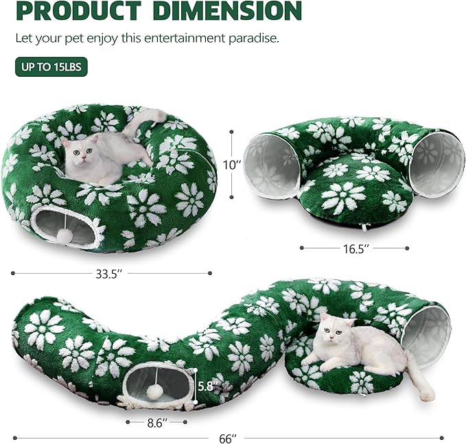 Cat Tunnel for Indoor Cats, Cute Peekaboo Cat Cave with Dangling Balls, Pet Donut Tunnel Bed with Circle Mat for Puppy Kitten Rabbit, Green Flower