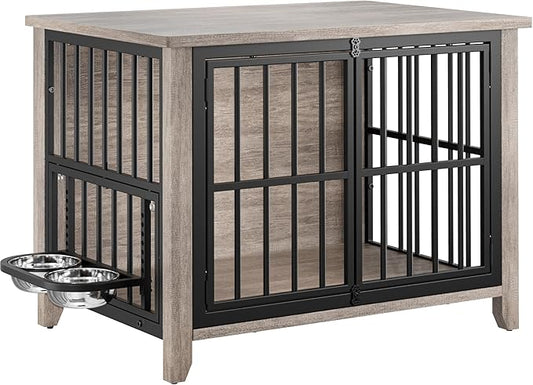 Lulive Dog Crate Furniture, Wooden Dog Kennel Indoor with Adjustable 360°& Height Dog Bowls, Double Doors Furniture Dog Crates End Table for Small/Medium 31.5" L*22.5" W*25.6" H, Grey