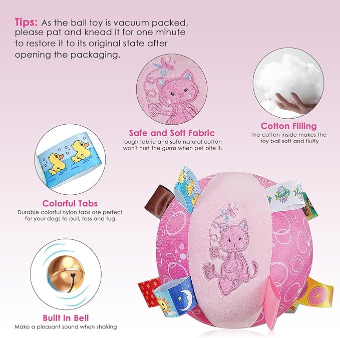 Dog Squeaky Plush Toy with Straps, 6-Inch Soft Stuffed Ball with Cotton Material and Bell Built-in, Pet Interactive Fetch Toy for Small to Large Dog