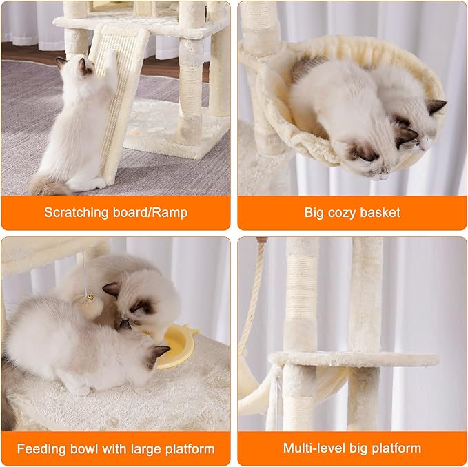 Heybly Tall Cat Tree, 78-inch Multi-Level Cat Tower for Indoor Cats, 2 Widened Plush Perches Cat Condo with Scratching Board and Big Caves, Beige HCT033M