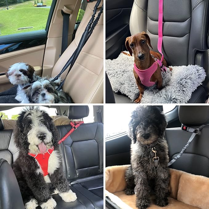 BWOGUE Pet Dog Cat Seat Belt Reflective Car Dog Headrest Restraint Leash Elastic Buffer Bungee Adjustable Tangle-Free Safety Leads Vehicle Seatbelt Harness for Small, Medium and Large Dogs (1 Pack)