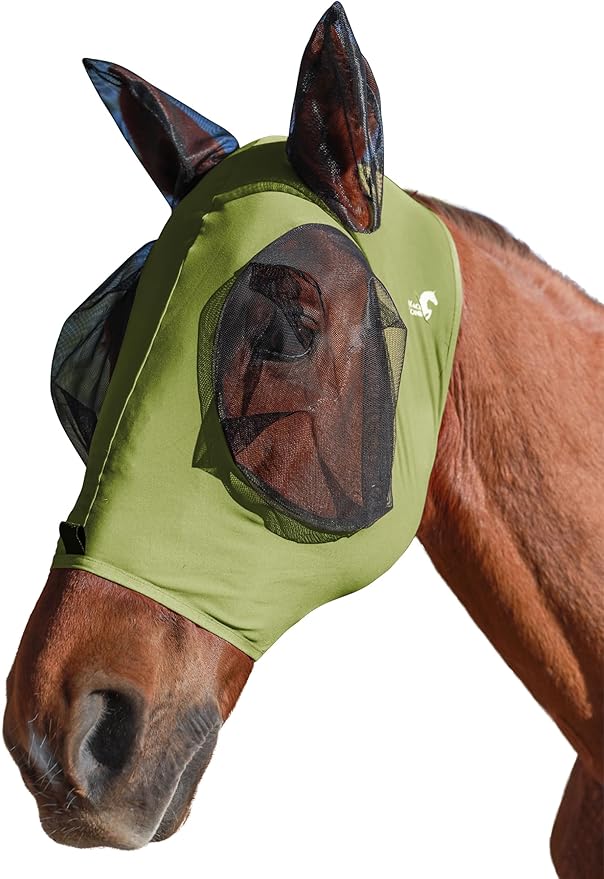 Horse Fly Mask with Ears, UV Protection for Horses, Elasticity with Big Mesh Eye Covers, Snug Fitting Comfortable Breathable Lightweight for Horses Olive Green Full Size