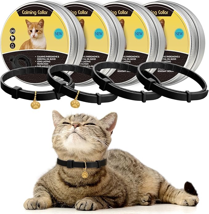 4 Pcs Cat Calming Collar Adjustable Lavender Scent Relaxing Cat Collar with 2 Pendant for Puppies Reduce Stress Aggression Anxious, up to 15 Inches(Black)