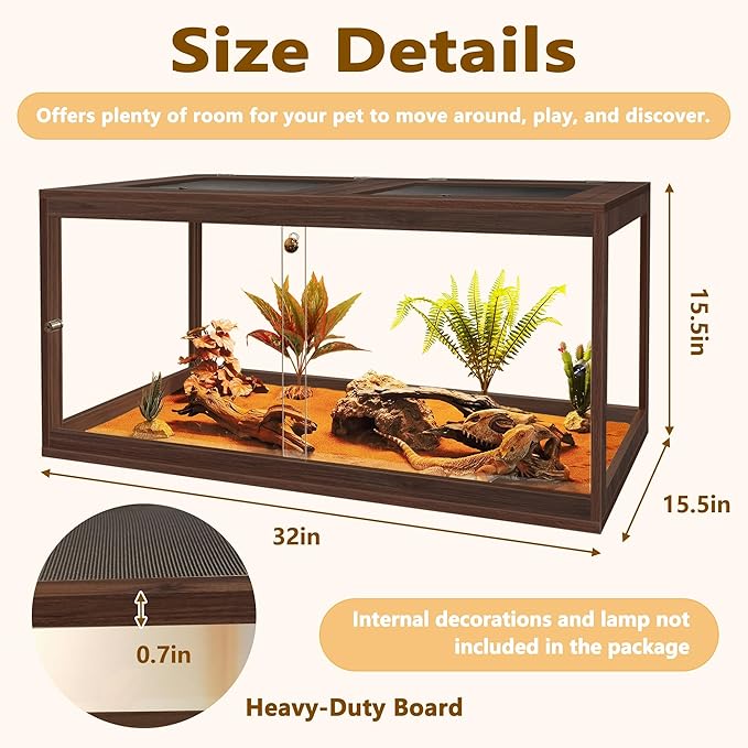 PROLEE Bearded Dragon Tank,34 Gallon Reptile Tank with Meatl Mesh Roof and Front Sliding Door, Anti-Scratch Lizard Tank,Spacious Reptile Enclosure for Snakes,Lguanas, Chameleons(Walnut)