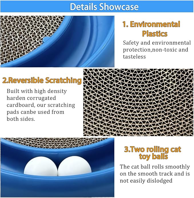 Interactive Cat Ball Track Toy for Indoor Cats, Cat Scratching Board & Exercise Set for Bored Indoor Adult and Kitten Mental & Physical Stimulation, with Spare Ball to Prevent Loss (Blue)