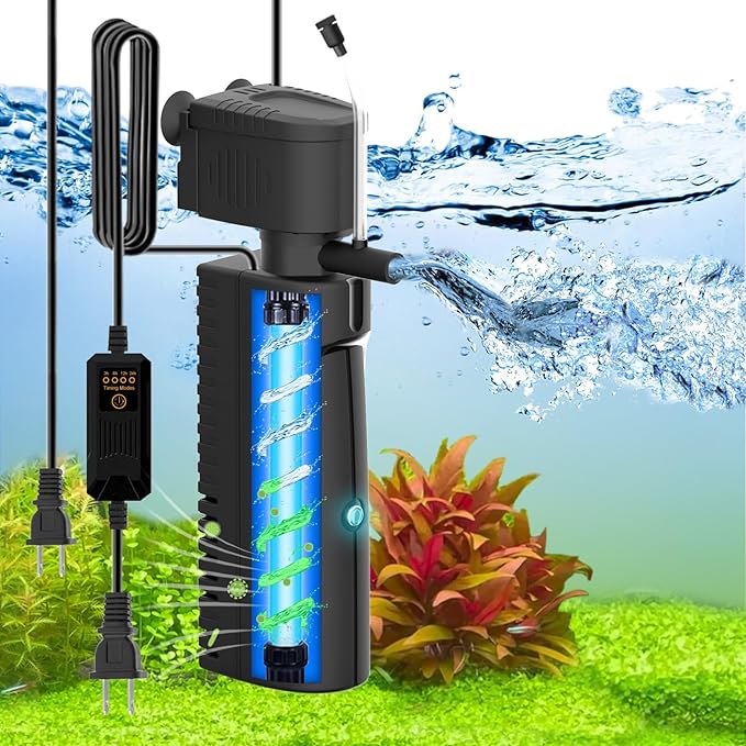 Fish Tank Filter with U - V Light & Timer (3/6/12/24 Hours) for Green Water Cleaning, Aquarium Filter with Aeration Turtle Tank Filter with Pre-Filter Sponge for Tanks 40-70 Gallon