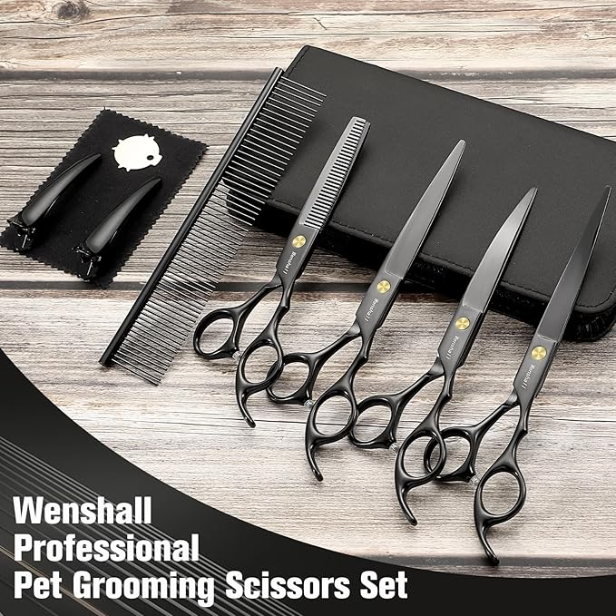 Professional Dog Grooming Scissors Set - 6.5" Thinning, 7" Straight, 7" Up-Curved, 7" Down-curved Scissors and Comb for Dog Cat Pet (Black)