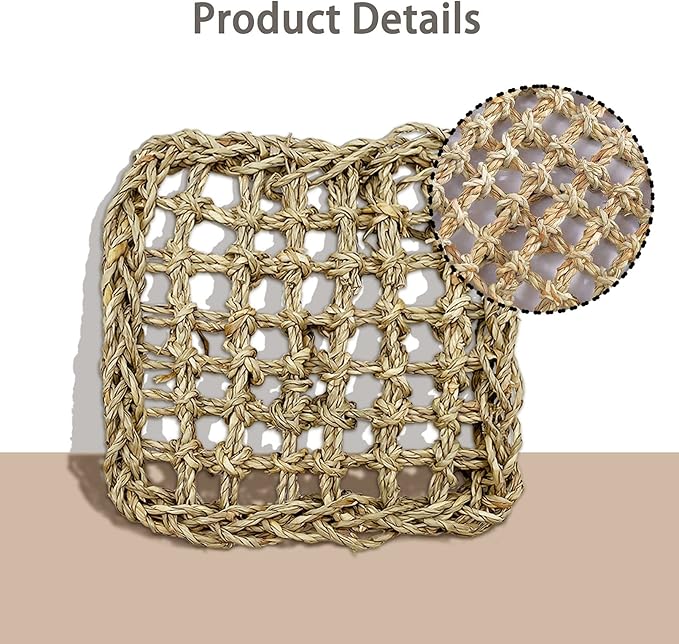 BNOSDM Bird Seagrass Mat, 3 PCS 7.1 x 7.1 Inches Parrot Natural Seagrass Woven Bird Net Hammock Mat, Parakeet Climbing Rope Ladder Chew Toys Hut Hideout for Lovebird Cockatiel Conure Budgie