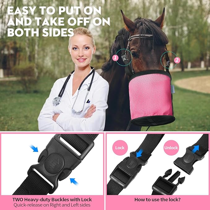 Horse Feed Bag 2 Pcs, Mesh Feed Bags for Horses, Muzzle Feedbag for Feeding Grain, Anti-Spill Design Feeder, Soft Neck Pad Nose Pad, Breathable and Universal Fit (Pink, Pack of 2)