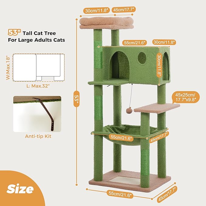 54” Cat Tree for Large Cats Big Cat Tower with Enlarged Hammock 21.6x17.7” Spacious Cats Condo House, Roomy Top Bed,Multiple Scratch Posts and Pad for Indoor Adult Cats (Green, Large-54)