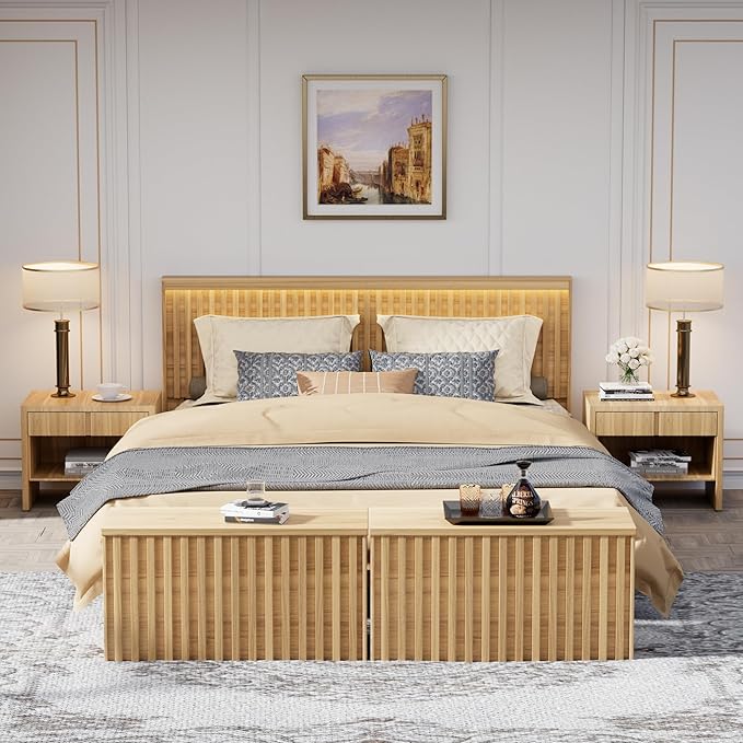 UEV Storage Bench Set of 2, 39.4" Wood Box, Storage Trunk with 2 Safety Hinges, Ottoman Storage Chest Set of 2, Fluted Storage Bench for Bedroom, Shoe Bench for Bedroom, Living Room (Natural Wood)