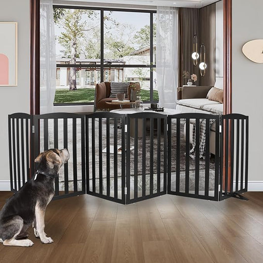ZJSF Foldable Freestanding Indoor Dog Gate for House Wood Long Pet Gates Dog Fence for Stairs Puppy Gates for Hallways, Puppy Gate,Support Feet Included, Black, 32 "Height-6 Panels