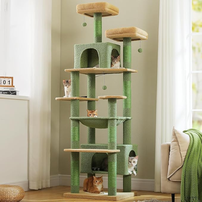 PAWZ Road Heavy Duty Cat Tree for Large Cats, 81 Inches Cactus Tall Cat Tower with 2 Perches, 2 Condos and Spacious Hammock, XL Extra Large Condo with 7 Scratching Posts for 20lb+ Adult Cats, Green