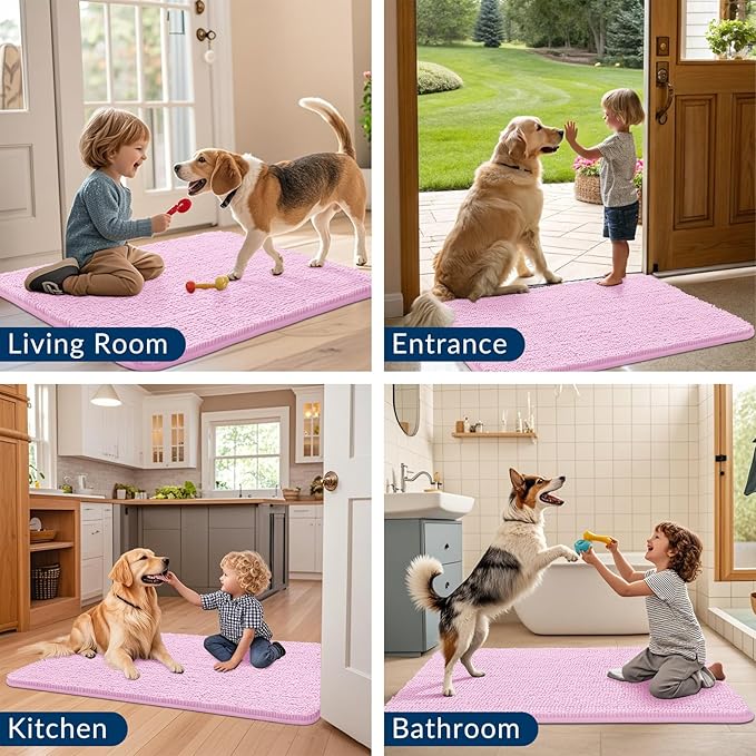 Smiry Dog Door Mat for Muddy Paws 30x20, Absorbs Moisture and Dirt Doormat, Non-Slip Washable Quick Dry Chenille Front Door Mat Indoor Entrance, Entryway Carpet for Inside Floor, Pink