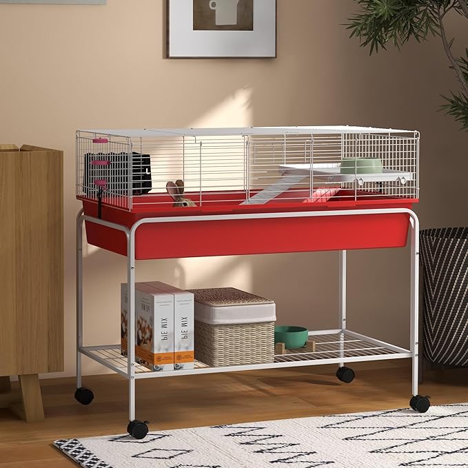 PawHut Two-Story Small Animal Cage Removable from Stand, Guinea Pig Cage with Shelf & Wheels, Pet Habitat for Hedgehog, Chinchilla, Ferret, 39" x 20.5" x 36.5", Red