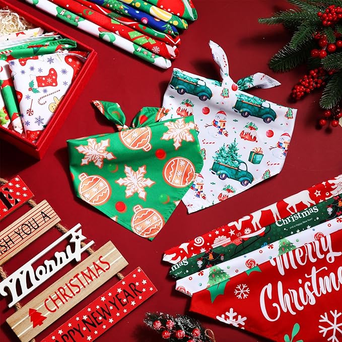 Abbylike 50 Pieces Christmas Dog Bandanas Bulk Xmas Bandanas for Dogs Triangle Kerchief Bibs Scarf Set for Christmas Pet Costume Accessories Decoration (31.5 x 21.7 x 21.7)